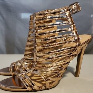 Christian Siriano Gold Strappy Heels with Design